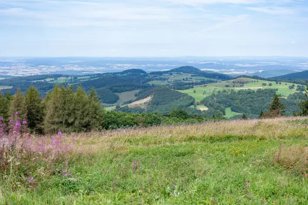 Almanya 'nın yüksek Rhoen kentindeki vadiye bakan bir dağdan manzara.