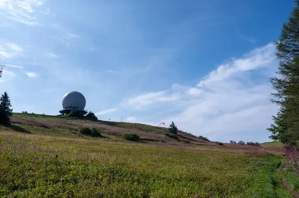 Radar kubbesi, Almanya 'nın yüksek Rhoen bölgesindeki Wasserkuppe zirvesinde, yeşil bir çayır ve pembe bir Willonerb ile, mavi gökyüzü ile güzel bir yaz günü