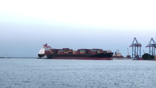 Nave Con Container Nel Porto Marittimo Scaricare Una Nave Con — Video Stock