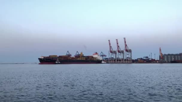 Fartyg Med Containrar Hamnen Lossning Ett Fartyg Med Containrar Containerfartyg — Stockvideo