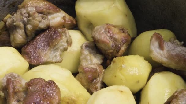 Carne Estofada Con Patatas Cerca Carne Frita Con Patatas Proceso — Vídeos de Stock