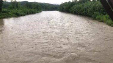 Yağmur üstüne dağ nehri. Ardı ardına akan dağ nehri. Karpatya Nehri 'nde yağmurdan sonra Tysa Nehri.