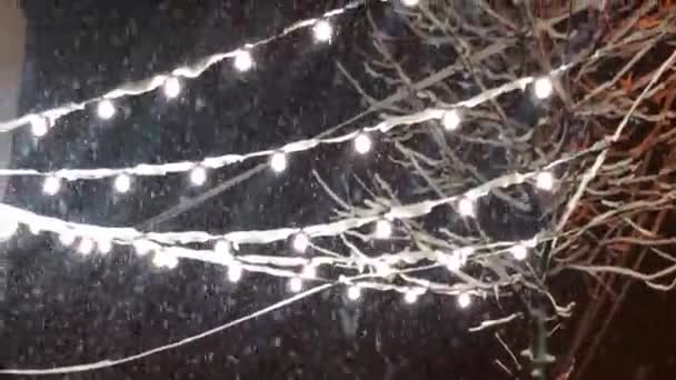 Śnieg Pada Tle Girlandy Śnieg Pada Tle Ulicznych Lamp Dekoracyjnych — Wideo stockowe