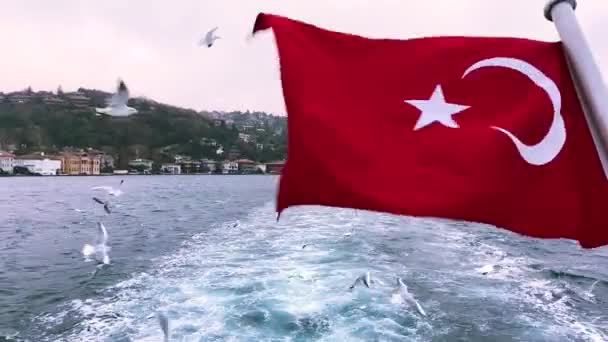 ボスポラス川を背景にしたトルコ国旗 ボスポラスを背景にトルコ国旗がなびく 美しい夕日を背景にトルコの国旗 — ストック動画