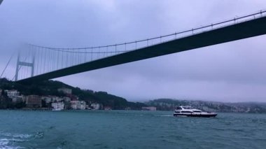 Bosphorus bridge at night. Bosophorus bridge in the fog. Bridge over the Bosophore. Bosphorus bridge.