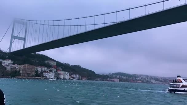 黄昏时的博斯普鲁斯桥Bosophorus桥在雾中 博萨沃尔河的桥Bosphorus桥 — 图库视频影像