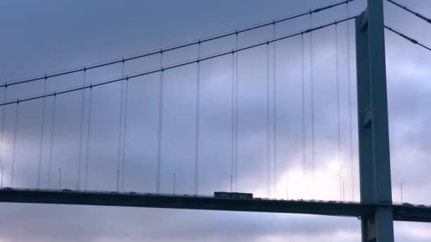 Cars Drive Bridge View Water Large Suspension Bridge Which Cars — Video