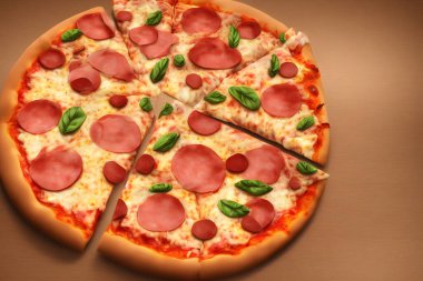 Peynirli ve etli bir pizzanın 3D çizimi