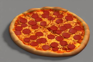 Peynirli ve etli bir pizzanın 3D çizimi