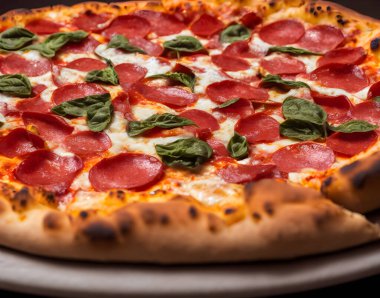 Peynirli ve diğer malzemeli lezzetli bir pizza resmi.