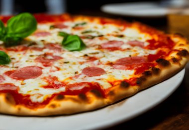 Peynirli ve diğer malzemeli lezzetli bir pizza resmi.