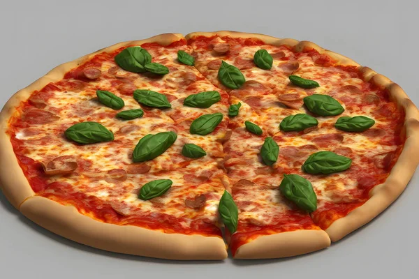 Återgivning Pizza Med Ost Och Kött — Stockfoto
