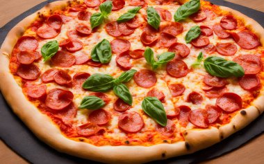 Peynirli ve diğer malzemeli lezzetli bir pizza resmi.