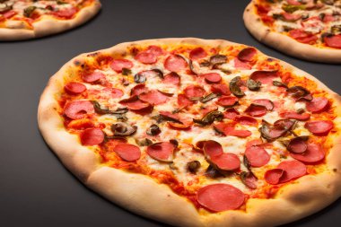 Peynirli ve diğer malzemeli lezzetli bir pizza resmi.