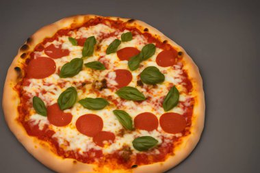 Peynirli ve diğer malzemeli lezzetli bir pizza resmi.