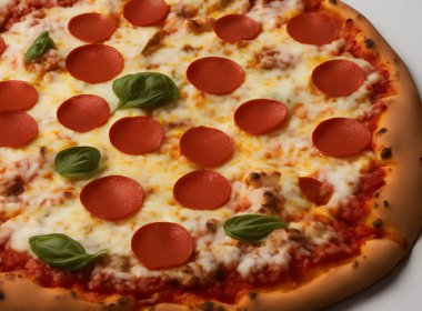 Peynirli ve diğer malzemeli lezzetli bir pizza resmi.