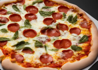 Peynirli ve diğer malzemeli lezzetli bir pizza resmi.