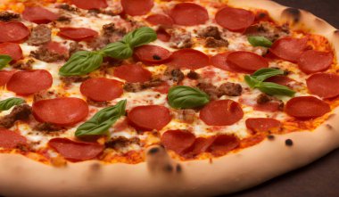 Peynirli ve diğer malzemeli lezzetli bir pizza resmi.