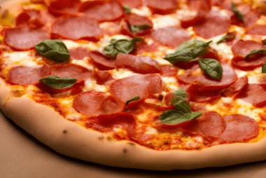 Peynirli ve diğer malzemeli lezzetli bir pizza resmi.