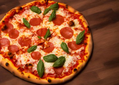 Peynirli ve diğer malzemeli lezzetli bir pizza resmi.