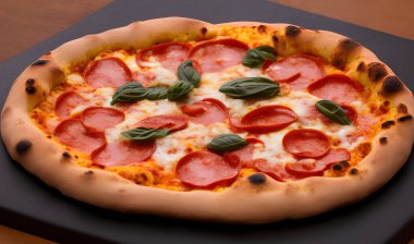 Peynirli ve diğer malzemeli lezzetli bir pizza resmi.