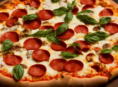 Peynirli ve diğer malzemeli lezzetli bir pizza resmi.