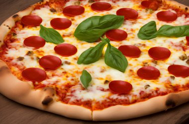 Peynirli ve diğer malzemeli lezzetli bir pizza resmi.