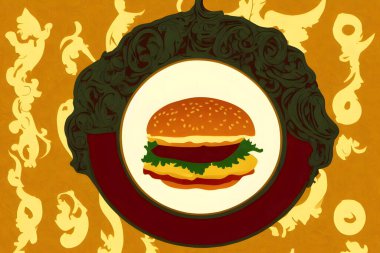 Art Nouveau tarzında bir hamburger tasviri, klasik bir fast food ürünü.