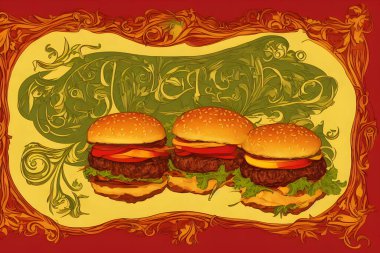 Art Nouveau tarzında bir hamburger tasviri, klasik bir fast food ürünü.