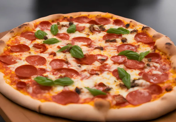 Peynirli ve diğer malzemeli lezzetli bir pizza resmi.