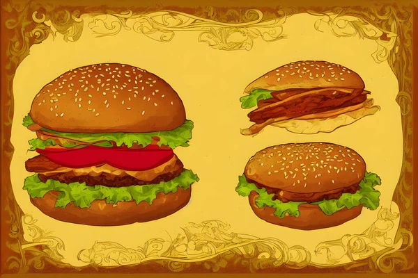 Illustration Des Hamburgers Jugendstil Ein Klassisches Fast Food Produkt — Stockfoto
