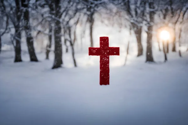 Realistische Illustratie Van Een Christelijk Kruis Buiten Sneeuw Generatieve — Stockfoto