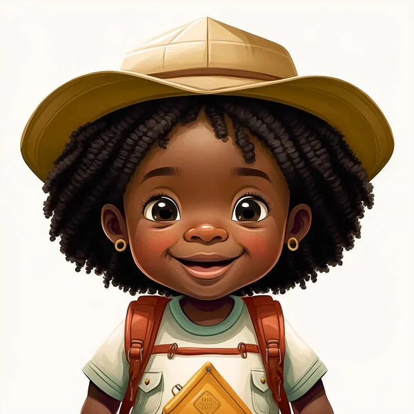 Cartoon little smiling african american girl with safari hat, digital watercolor painting