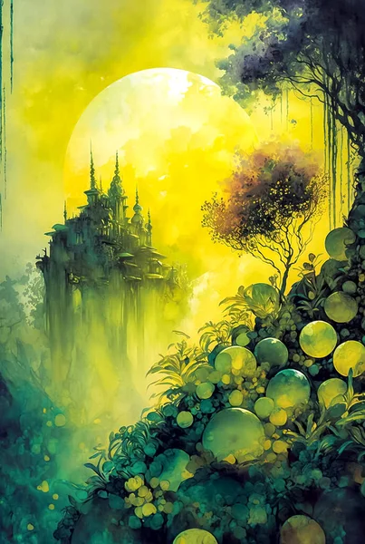 Abstract art, digital painting. Fantasy sunrise landscape, fairy tale castle, tropical forest. Digital painting. Colorful illustration. AI art.