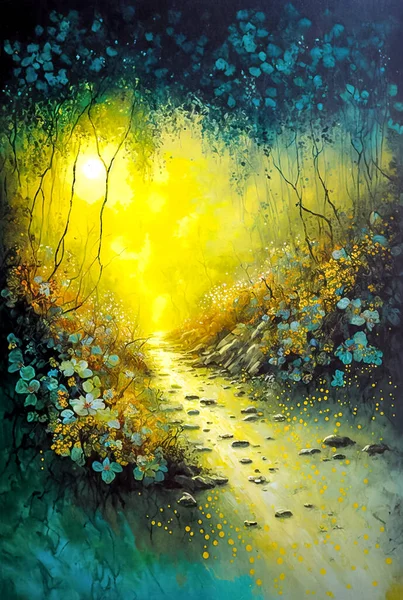 Abstract vertical artwork, digital painting of a path in the woods with beautiful flowers in the foreground. AI art.