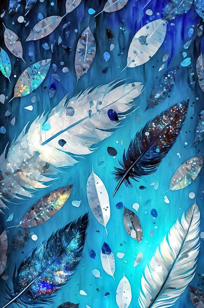 Abstract blue vertical background with feathers and colorful splashes. AI art.