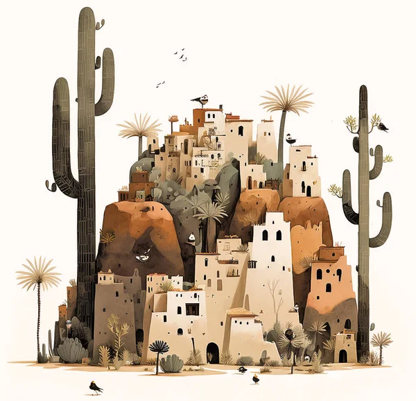 Fantasy illustration of town on hill in the desert. Cartoon cityscape, whimsical artwork. AI art.