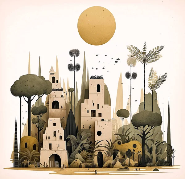 Town in the desert. Fantasy cityscape, whimsical artwork. AI art.