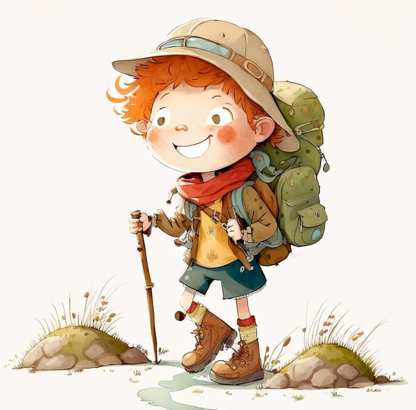 Illustration of a little boy with a backpack, cartoon digital watercolor painting