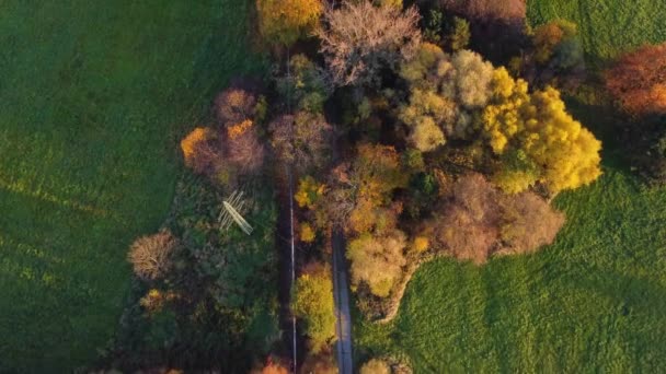 空中看风景 在温暖的落日下 与秋天的所有色彩一起嬉戏 落叶树在黄色 红色和绿色中嬉戏 大地的隆起 — 图库视频影像