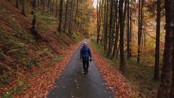 Mavi Ceketli Gezgin Patikanın Etrafına Yayılmış Kayın Ormanlarından Dökülen Turuncu — Stok video