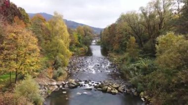 Ekim ve Kasım aylarının tüm renkleriyle oynayan sonbahar yaprak döken ormanla çevrili nehir manzarası. Doğa anadan nefes kesici bir peri masalı. Sarı, yeşil, turuncu, kırmızı hepsi bir arada. Beskydy, Çek Cumhuriyeti