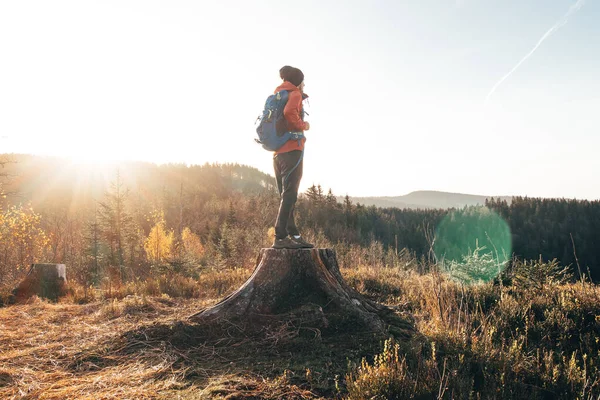 Active Hiker Standing Stump Enjoys Feeling Reaching Top Mountain Sunrise — Stock Photo, Image
