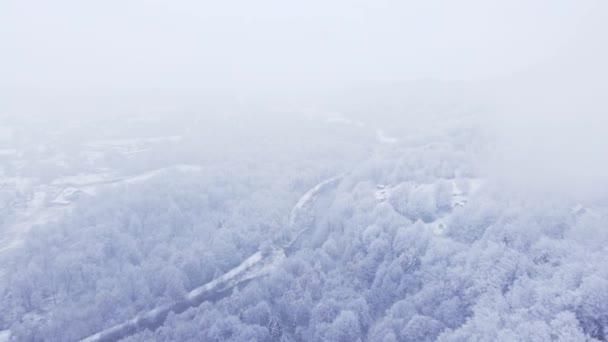 Gambar Udara Dari Lanskap Bersalju Dan Aliran Dingin Salju Ringan — Stok Video