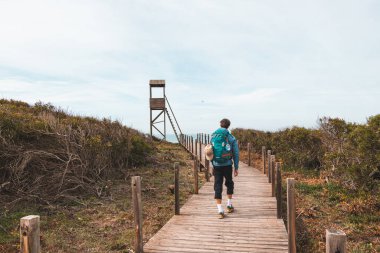 Genç ve cesur Serseri Portekiz kırsalında dolaşıyordu. Bir sırt çantası Portekiz 'in Odemira bölgesinde ahşap bir yürüyüş yolu boyunca yürüyor. Balıkçı Yolu, Rota Vicentina.
