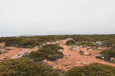 Yağmurlu bir havada Portekiz 'in güneyindeki Balıkçı Patikası' nda St. Vicente Burnu 'na doğru yol alıyor. Pürüzlü manzara.