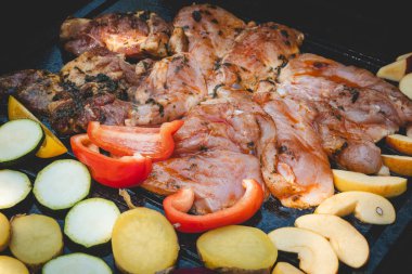 Hindi ve tavuk göğsü fileto sıcak ateşin üzerinde granit bir taş ızgara. Akşam yemeği için et hazırlıyorum. Arkadaşlarla ızgara yapmak. 