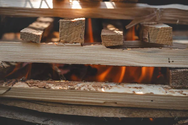 Het Maken Van Een Vuur Met Papier Kleine Houtsnippers Gestapeld — Stockfoto