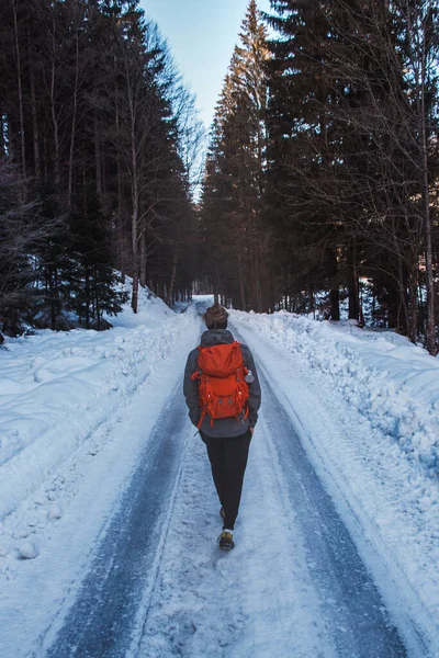 Fiatalember Két Völgy Között Sétál Napnyugta Fényénél Trekking Magas Hegyekben — Stock Fotó