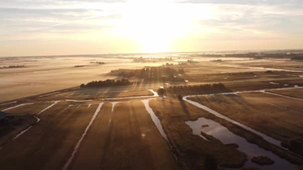 日の出の間 ザイエンシュランの古代の木造風車 黄金の光はオランダの歴史を明らかにします ビデオ — ストック動画